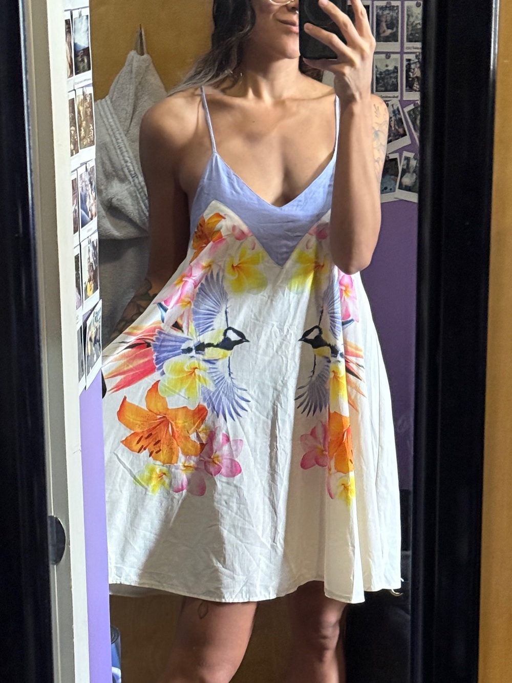 LF Lavender and White Floral Mini Dress with Birds and Floral Print